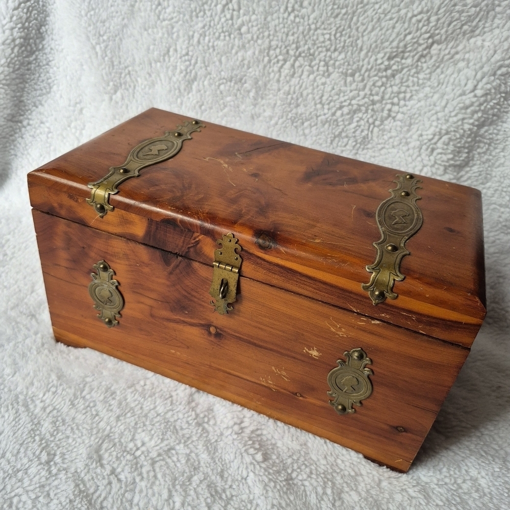 Antique Cider Wooden Chest with Brass Accents Treasure Jewelry Box
